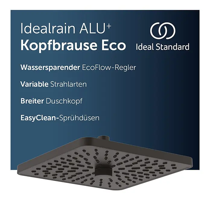 Ideal Standard Alu+ Kopfbrause Idealrain - B x L: 260 x 260 mm, 8 l/min, Schwarz - Idealrain ALU+ Eco Kopfbrause von Ideal Standard, dunkelgrau, quadratisch, mit Wasserspar- und EasyClean-Funktion.