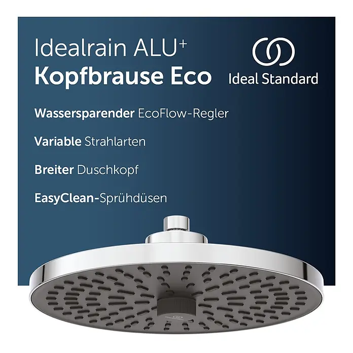 Ideal Standard Alu+ Kopfbrause Idealrain - Durchmesser: 26 cm, 8 l/min, Chrom, Rund - Idealrain ALU+ Eco Kopfbrause in Chrom mit dunklen Düsen, mit wassersparender EcoFlow- und EasyClean-Funktion.