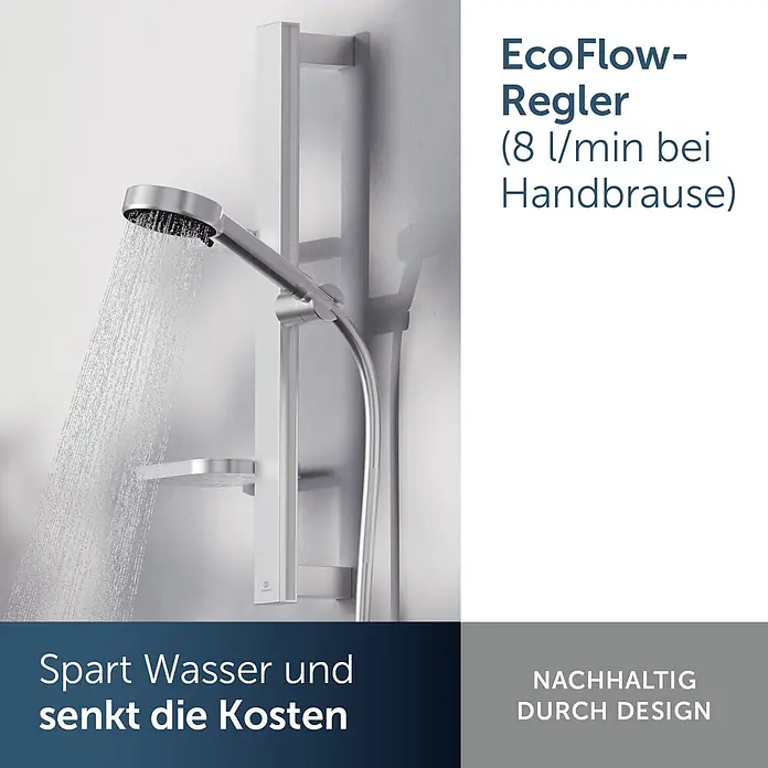 Ideal Standard Alu+ Brausegarnitur Ceratherm - Lochabstand: 40 cm - 50 cm, Art Strahl: SilkRain, Rain, Silber - Eine schlanke silberne Handbrause, aus der Wasser spritzt, montiert an einer passenden Duschstange.