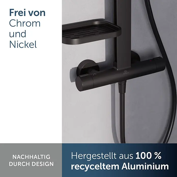 Ideal Standard Alu+ Duschsystem Ceratherm - Form Kopfbrause: Rund, Lochabstand: 600 mm, Anzahl Strahlarten: 2 Stk., Schwarz - Schwarzes Duschsystem aus 100% recyceltem Aluminium, chrom- und nickelfrei, mit integrierter Ablage.