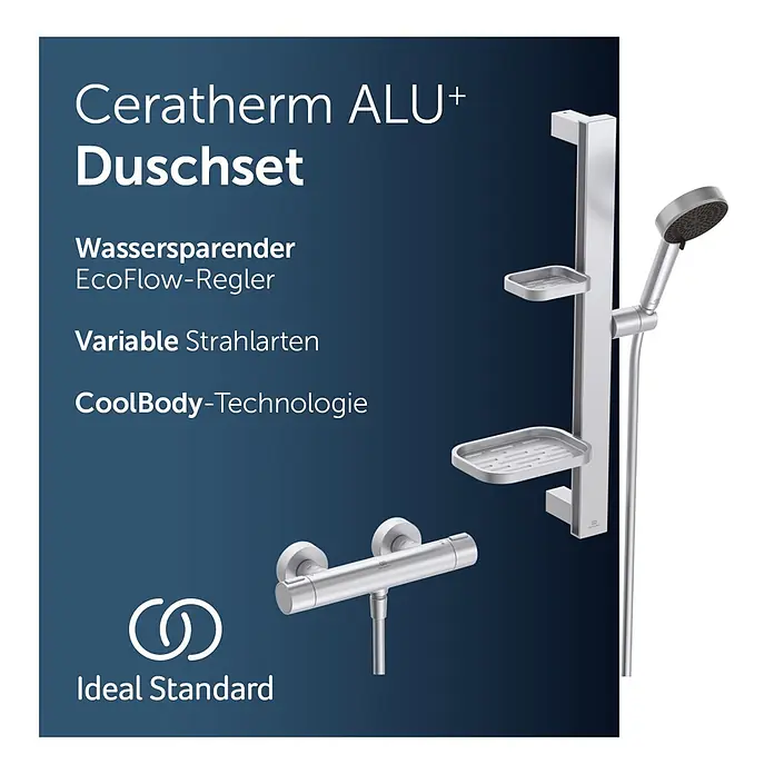 Ideal Standard Alu+ Brausegarnitur Ceratherm - Lochabstand: 40 cm - 50 cm, Art Strahl: SilkRain, Rain, Silber - Silbernes Ceratherm ALU+ Duschset mit Handbrause, Duschstange, zwei Seifenschalen und Thermostat.