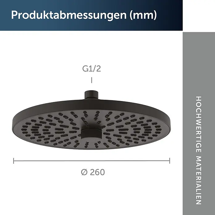 Ideal Standard Alu+ Kopfbrause Idealrain - Durchmesser: 26 cm, 8 l/min, Schwarz, Rund - Runder schwarzer Duschkopf mit G1/2 Anschluss und 260mm Durchmesser.