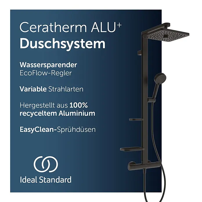 Ideal Standard Alu+ Duschsystem Ceratherm - Anzahl Strahlarten: 2 Stk., Schwarz - Ein matt-schwarzes Duschsystem mit quadratischem Kopfbrause, Handbrause und Bedienelementen. Aus 100% recyceltem Aluminium gefertigt.