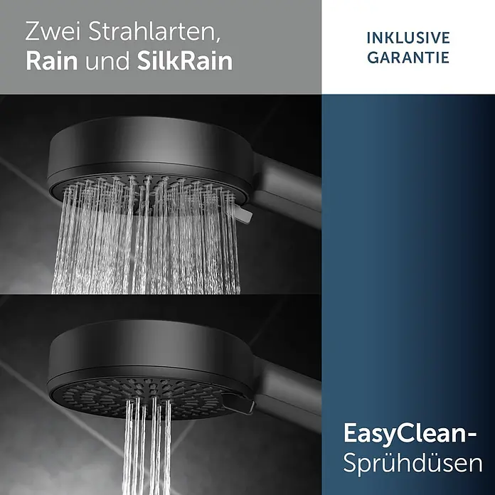 Ideal Standard Alu+ Brausegarnitur Ceratherm - Lochabstand: 40 cm - 50 cm, Art Strahl: SilkRain, Rain, Schwarz - Schwarzer Duschkopf mit zwei Strahlarten: großflächiger Regen und konzentrierter SilkRain. Betont EasyClean-Düsen.