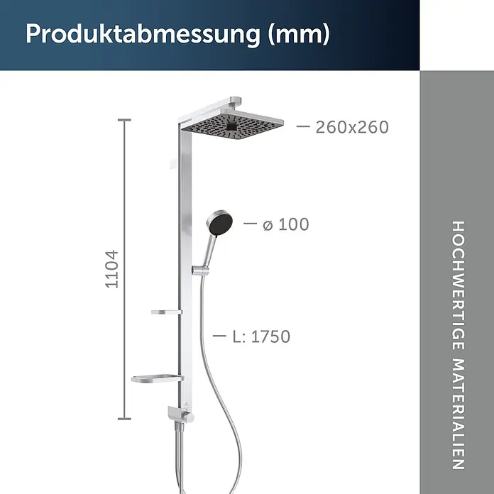 Ideal Standard Alu+ Duschsystem Ceratwist BE213 - Lochabstand: 60 cm, Form Kopfbrause: Eckig, Silber - Silbernes Duschsystem mit quadratischem Duschkopf (260x260mm), runder Handbrause (Ø100mm) und 1750mm Schlauch, Gesamthöhe 1104mm.