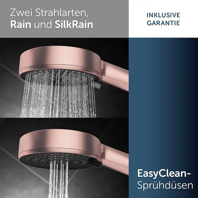 Ideal Standard Alu+ Brausegarnitur Ceratherm - Lochabstand: 40 cm - 50 cm, Art Strahl: SilkRain, Rain, Rosé - Roségoldene Handbrause zeigt zwei Strahlarten: einen breiten Regenspray und konzentrierte Strahlen.