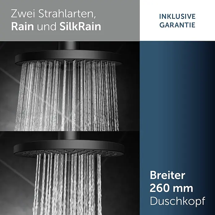 Ideal Standard Alu+ Kopfbrause Idealrain - Durchmesser: 26 cm, 8 l/min, Schwarz, Rund - Schwarzer Duschkopf mit zwei Strahlarten, Rain und SilkRain, Durchmesser 260 mm.