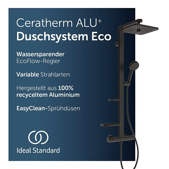 Ideal Standard Alu+ Duschsystem Ceratherm - Form Kopfbrause: Eckig, Lochabstand: 600 mm, Anzahl Strahlarten: 2 Stk., Schwarz - Schwarzes Duschsystem aus recyceltem Aluminium mit quadratischem Regenbrausekopf und Handbrause.
