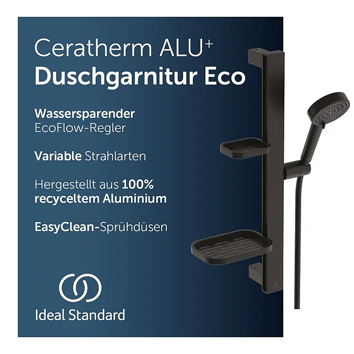 Ideal Standard Alu+ Brausegarnitur Idealrain - Lochabstand: 40 cm - 50 cm, Art Strahl: SilkRain, Rain, Schwarz - Schwarzes Ideal Standard Ceratherm ALU+ Duschgarnitur aus recyceltem Aluminium mit Stange, Handbrause und Seifenschale.