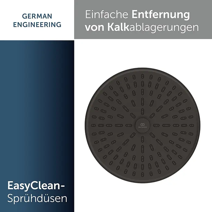 Ideal Standard Alu+ Kopfbrause Idealrain - Durchmesser: 26 cm, 8 l/min, Schwarz, Rund - Dunkelgrauer runder Duschkopf mit zahlreichen EasyClean-Sprühdüsen und Ideal Standard Logo.