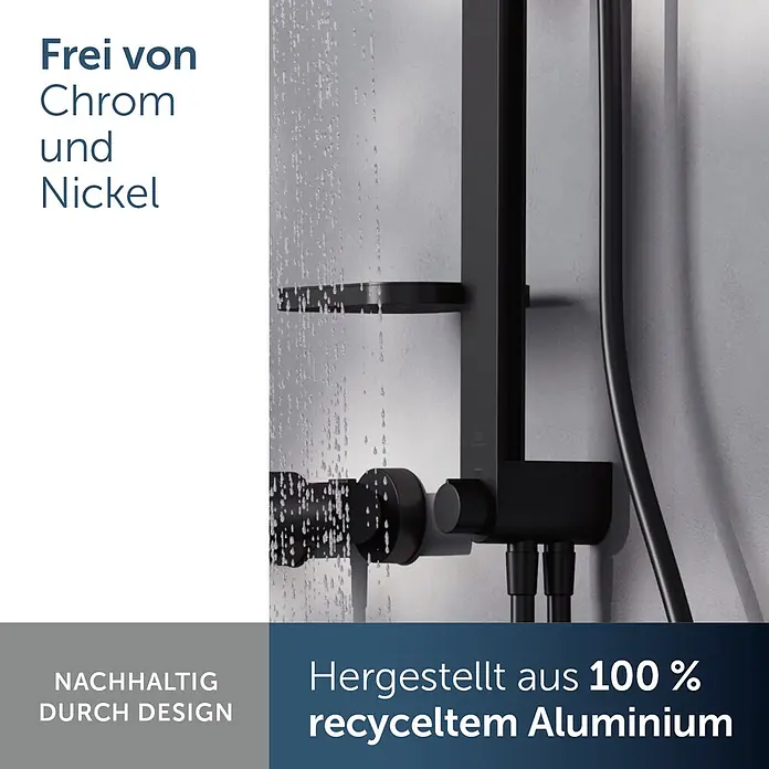 Ideal Standard Alu+ Duschsystem Ceratwist BE213 - Lochabstand: 60 cm, Form Kopfbrause: Eckig, Schwarz - Schwarzes Duschsystem aus 100% recyceltem Aluminium, chrom- und nickelfrei, mit nachhaltigem Design.
