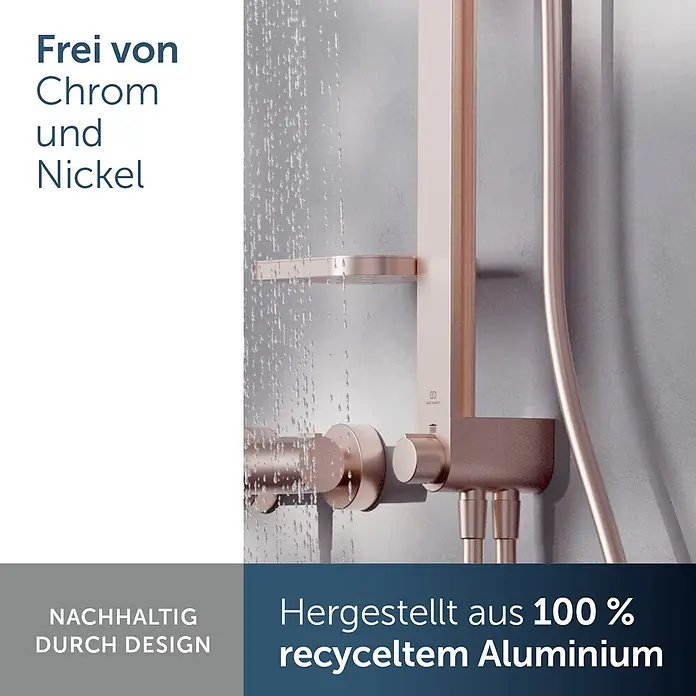 Ideal Standard Alu+ Duschsystem Ceratwist BE213 - Lochabstand: 60 cm, Form Kopfbrause: Eckig, Rosé - Roségoldenes Duschsystem aus 100 % recyceltem Aluminium, chrom- und nickelfrei, mit fließendem Wasser.
