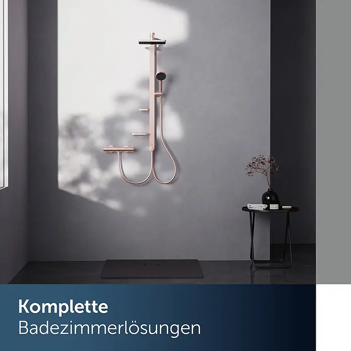 Ideal Standard Alu+ Duschsystem Ceratwist BE213 - Lochabstand: 60 cm, Form Kopfbrause: Eckig, Rosé - Moderne Roségold-Duschanlage mit Regendusche und Handbrause in einem zeitgemäßen Bad.