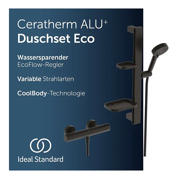 Ideal Standard Alu+ Brausegarnitur Ceratherm - Lochabstand: 40 cm - 50 cm, Art Strahl: SilkRain, Rain, Schwarz - Schwarzes Ceratherm ALU+ Eco Duschset mit wassersparendem EcoFlow-Regler, variablen Strahlarten und CoolBody-Technologie.
