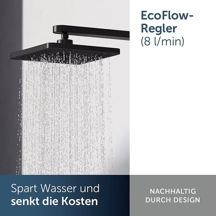 Ideal Standard Alu+ Kopfbrause Idealrain - B x L: 260 x 260 mm, 8 l/min, Schwarz - Schwarzer quadratischer Duschkopf mit EcoFlow-Regler (8 l/min) im Einsatz, der Wasser spart.