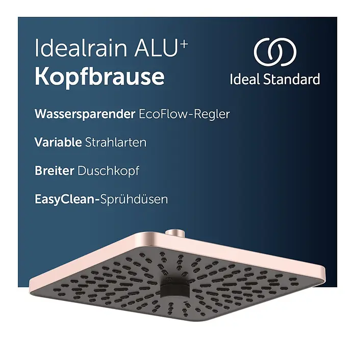 Ideal Standard Alu+ Kopfbrause Idealrain - B x L: 260 x 260 mm, 12 l/min, Rosé - Roségoldener quadratischer Duschkopf mit schwarzen Düsen. Text: Idealrain ALU+, Wassersparend, variable Strahlarten, breit, EasyClean, von Ideal Standard.