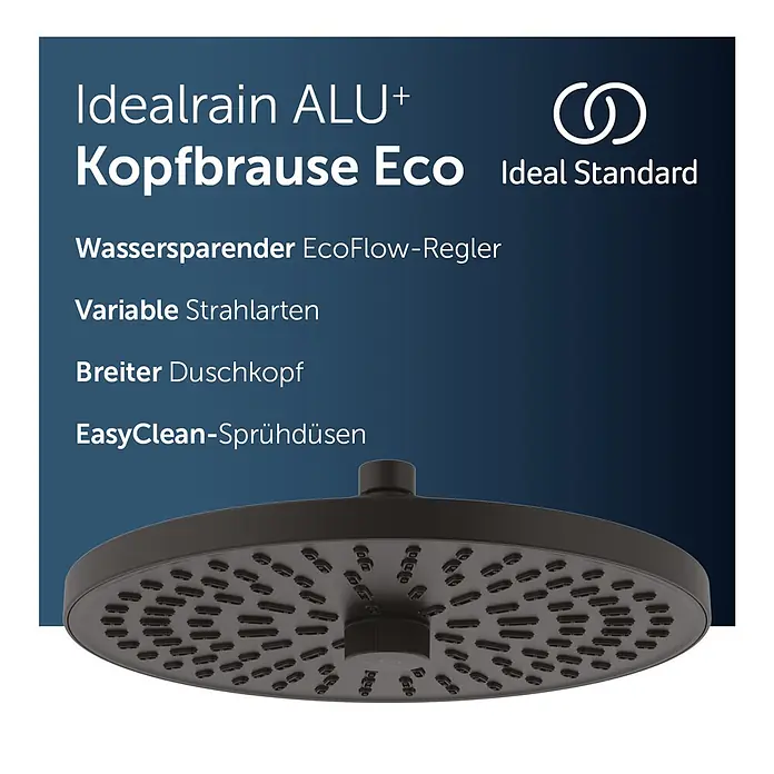 Ideal Standard Alu+ Kopfbrause Idealrain - Durchmesser: 26 cm, 8 l/min, Schwarz, Rund - Informationsansicht