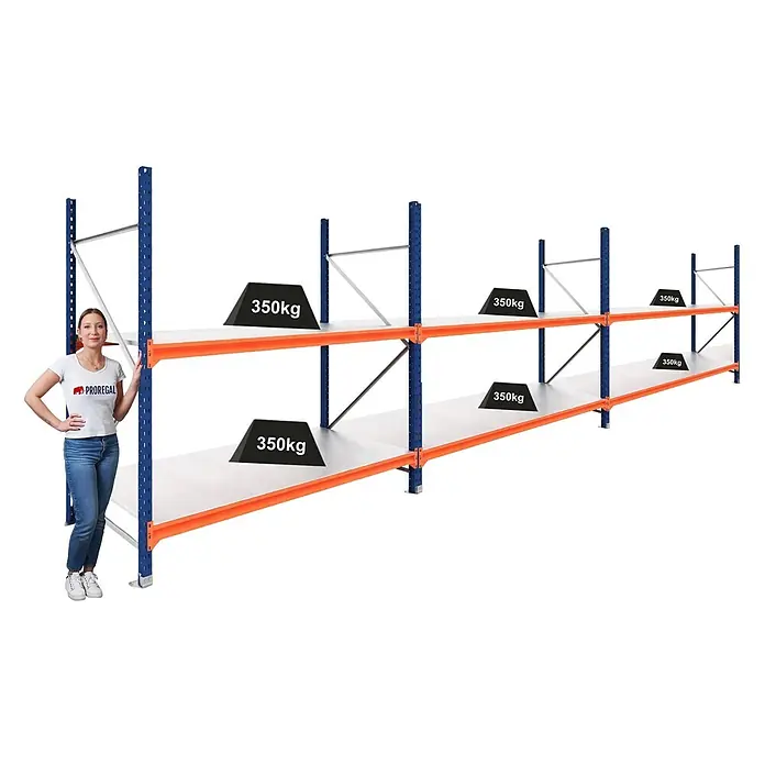 Proregal Schwerlastregal DOMINUS 3er Set mit Stahlplatten - Traglast pro Boden: 350 kg, Anzahl Böden: 2 Stk., Stecken, Blau/Orange - Industrielles Metallregal mit blauen Pfosten und orangen Traversen, Person zum Größenvergleich und 350kg-Gewichte zeigen Tragfähigkeit.
