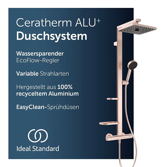 Ideal Standard Alu+ Duschsystem Ceratherm - Anzahl Strahlarten: 2 Stk., Rosé - Roségoldenes Duschsystem aus recyceltem Aluminium, mit Kopf- und Handbrause.