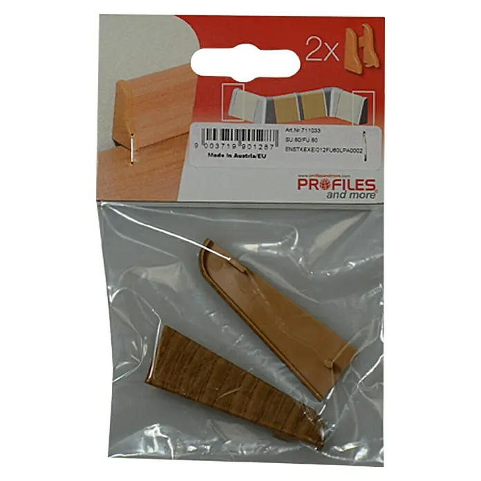 Profiles and more Endkappe FU60L - Eiche Dunkelbraun, 2 Stk. - Ein Paket mit zwei Holzprofilen, eines hellbraun und eines dunkler, in einer durchsichtigen Plastikverpackung.