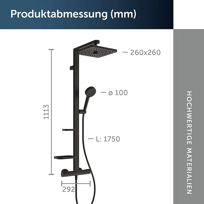Ideal Standard Alu+ Duschsystem Ceratherm - Form Kopfbrause: Eckig, Lochabstand: 600 mm, Anzahl Strahlarten: 2 Stk., Schwarz - Schwarzes Duschsystem mit quadratischem Kopf und Handbrause, komplett mit Maßen.
