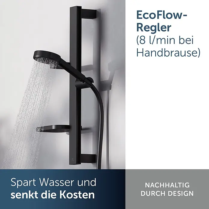 Ideal Standard Alu+ Brausegarnitur Ceratherm - Lochabstand: 40 cm - 50 cm, Art Strahl: SilkRain, Rain, Schwarz - Mattschwarzes Duschsystem mit Handbrause, die Wasser sprüht und Wassersparfunktionen hervorhebt.
