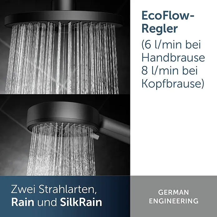 Ideal Standard Duschsystem Ceratwist BE21 - Lochabstand: 600 mm, Anzahl Strahlarten: 2 Stk., Form Kopfbrause: Rund, Schwarz - Zwei schwarze Duschköpfe (Hand- und Kopfbrause) mit Wasserstrahlen, die EcoFlow und zwei Strahlarten (Rain, SilkRain) zeigen.