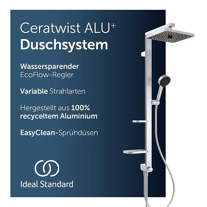 Ideal Standard Alu+ Duschsystem Ceratwist BE213 - Lochabstand: 60 cm, Form Kopfbrause: Eckig, Silber - Silbernes Ceratwist ALU+ Duschsystem von Ideal Standard mit Kopf- und Handbrause, hergestellt aus 100% recyceltem Aluminium.
