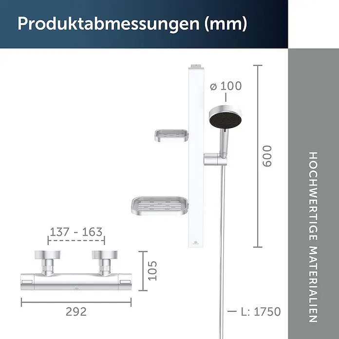 Ideal Standard Alu+ Brausegarnitur Ceratherm - Lochabstand: 40 cm - 50 cm, Art Strahl: SilkRain, Rain, Silber - Verchromtes Duschsystem mit Thermostatmischer, Duschstange und Handbrause, mit verschiedenen Abmessungen.