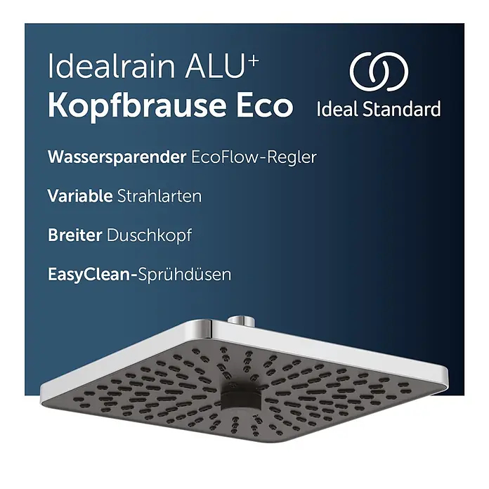 Ideal Standard Alu+ Kopfbrause Idealrain - B x L: 260 x 260 mm, 8 l/min, Chrom - Quadratischer, chromfarbener Duschkopf mit dunklen EcoClean-Düsen.