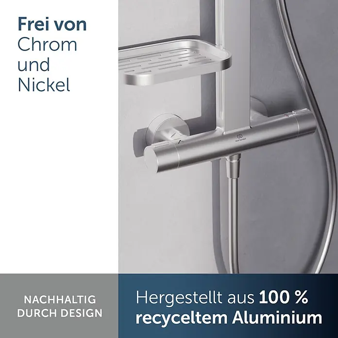 Ideal Standard Alu+ Duschsystem Ceratherm - Anzahl Strahlarten: 2 Stk., Silber - Silbernes Duschsystem mit Mischer und Ablage, aus 100% recyceltem Aluminium, chrom- und nickelfrei.