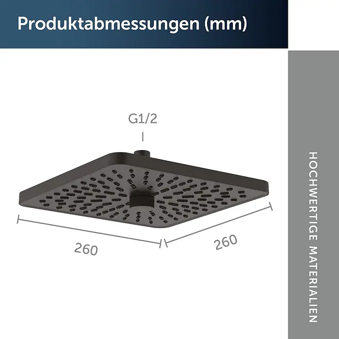 Ideal Standard Alu+ Kopfbrause Idealrain - B x L: 260 x 260 mm, 8 l/min, Schwarz - Quadratischer dunkelgrauer Duschkopf mit G1/2-Anschluss, Maße 260x260 mm.