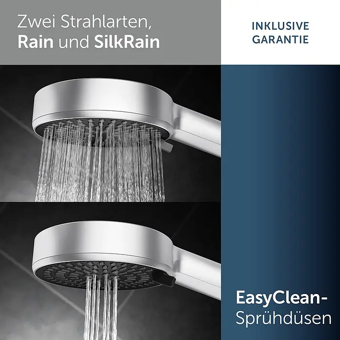 Ideal Standard Alu+ Brausegarnitur Ceratherm - Lochabstand: 40 cm - 50 cm, Art Strahl: SilkRain, Rain, Silber - Silberner Duschkopf zeigt zwei Strahlarten: Rain und SilkRain. Mit EasyClean-Düsen.
