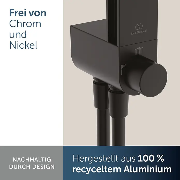 Ideal Standard Duschsystem Ceratwist BE21 - Lochabstand: 600 mm, Anzahl Strahlarten: 2 Stk., Form Kopfbrause: Rund, Schwarz - Schwarze Ideal Standard Duscharmatur aus 100% recyceltem Aluminium, chrom- und nickelfrei.