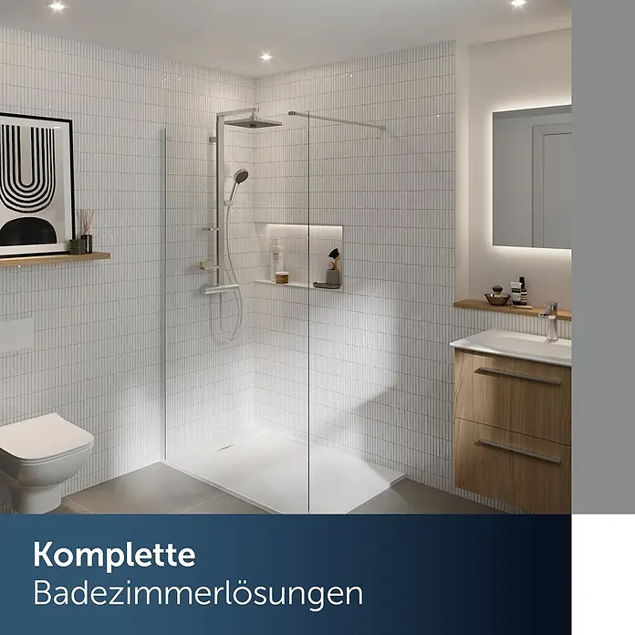 Ideal Standard Alu+ Duschsystem Ceratherm - Anzahl Strahlarten: 2 Stk., Silber - Modernes Bad mit Glasduschkabine, WC und Holzwaschtisch. Weiße Fliesen und grauer Boden schaffen einen sauberen, funktionalen Raum.
