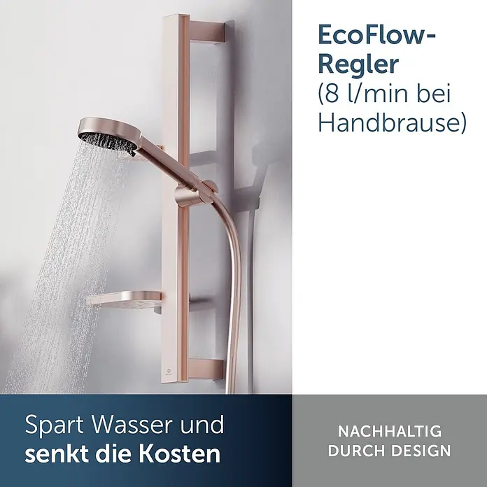 Ideal Standard Alu+ Brausegarnitur Ceratherm - Lochabstand: 40 cm - 50 cm, Art Strahl: SilkRain, Rain, Rosé - Roségoldenes Duschset mit einer Handbrause, aus der Wasser sprüht.