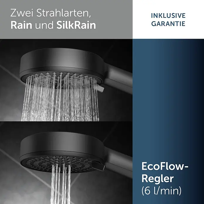 Ideal Standard Alu+ Brausegarnitur Idealrain - Lochabstand: 40 cm - 50 cm, Art Strahl: SilkRain, Rain, Schwarz - Schwarzer Duschkopf mit zwei Strahlarten: breiter Regenschauer und feine, konzentrierte Strahlen für 6 l/min.