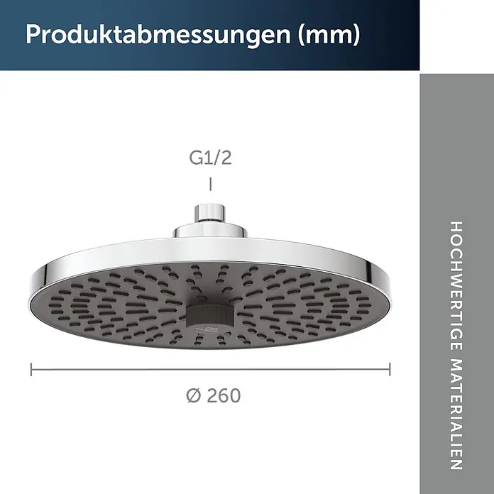 Ideal Standard Alu+ Kopfbrause Idealrain - Durchmesser: 26 cm, 8 l/min, Chrom, Rund - Verchromter Duschkopf mit grauer Düsenplatte, G1/2 Anschluss, 260mm Durchmesser.