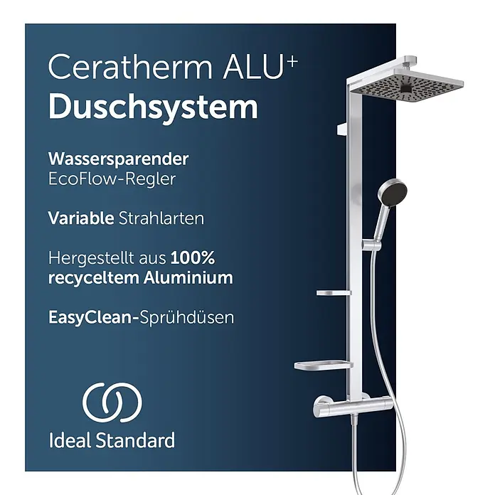 Ideal Standard Alu+ Duschsystem Ceratherm - Anzahl Strahlarten: 2 Stk., Silber - Duschsystem aus recyceltem Aluminium mit quadratischer Kopfbrause und Handbrause, wasserparend mit variablen Strahlarten.
