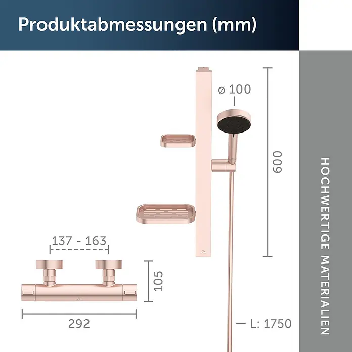 Ideal Standard Alu+ Brausegarnitur Ceratherm - Lochabstand: 40 cm - 50 cm, Art Strahl: SilkRain, Rain, Rosé - Roségoldenes Duschsystem mit Thermostatarmatur, Duschstange, Handbrause und Ablagen.