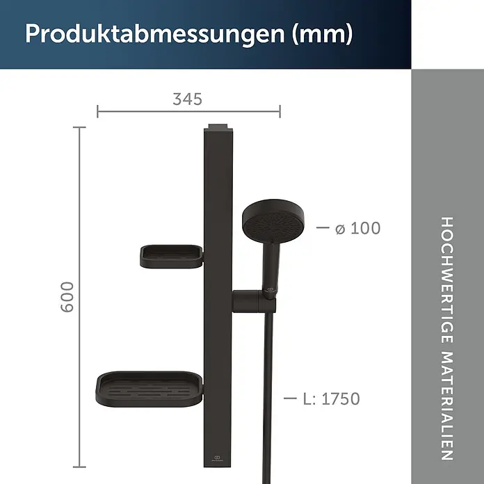 Ideal Standard Alu+ Brausegarnitur Idealrain - Lochabstand: 40 cm - 50 cm, Art Strahl: SilkRain, Rain, Schwarz - Schwarzes Duschsystem mit Handbrause und zwei Seifenschalen, Maße: H 600mm, B 345mm, Schlauch L 1750mm, Brause Ø100mm.