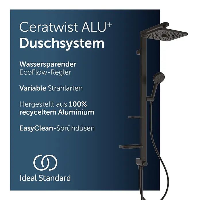 Ideal Standard Alu+ Duschsystem Ceratwist BE213 - Lochabstand: 60 cm, Form Kopfbrause: Eckig, Schwarz - Schwarzes Ceratwist ALU+ Duschsystem, hergestellt aus 100% recyceltem Aluminium mit Wasserspar-Regler.