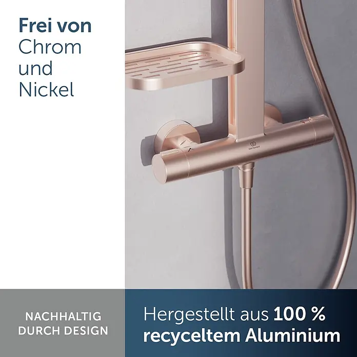 Ideal Standard Alu+ Duschsystem Ceratherm - Anzahl Strahlarten: 2 Stk., Rosé - Roségoldene Brausegarnitur mit Ablage, aus 100% recyceltem, chrom- und nickelfreiem Aluminium.
