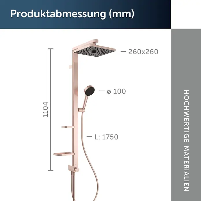 Ideal Standard Alu+ Duschsystem Ceratwist BE213 - Lochabstand: 60 cm, Form Kopfbrause: Eckig, Rosé - Roségoldenes Duschsystem mit quadratischer Kopfbrause und runder Handbrause, mit Produktmaßen.