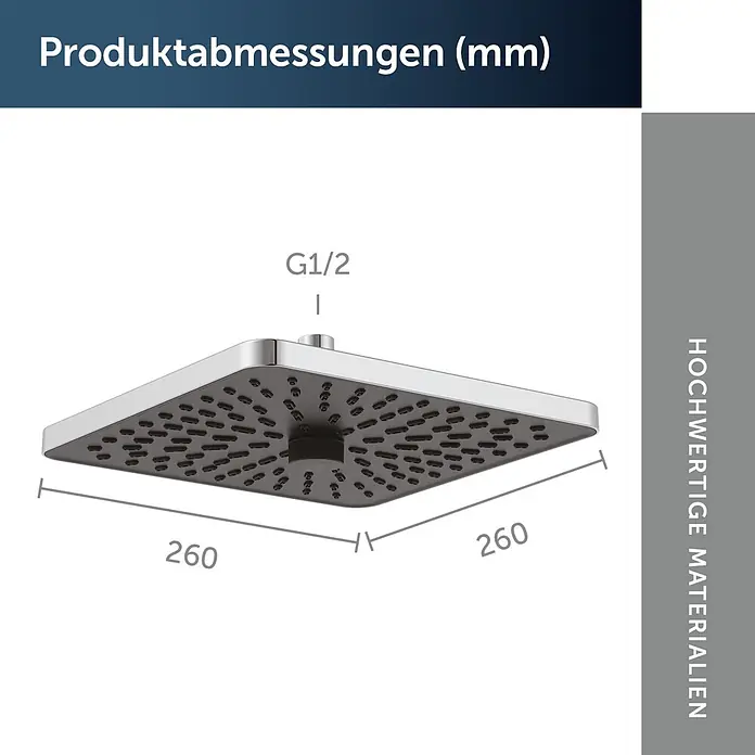 Ideal Standard Alu+ Kopfbrause Idealrain - B x L: 260 x 260 mm, 8 l/min, Chrom - Quadratischer Chrom-Duschkopf mit schwarzen Düsen, 260x260mm und G1/2 Anschluss.