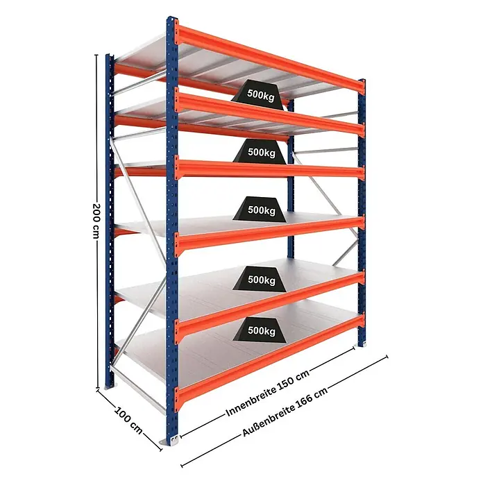 Proregal Schwerlastregal Grundregal DOMINUS mit Stahlplatten - H x B x T: 200 x 150 x 100 cm, Traglast pro Boden: 500 kg, Anzahl Böden: 6 Stk., Stecken, Blau/Orange - Schwerlastregal mit 5 Böden, blauen Ständern und orange Traversen, trägt je 500kg. Maße: H200xB166xT100cm.