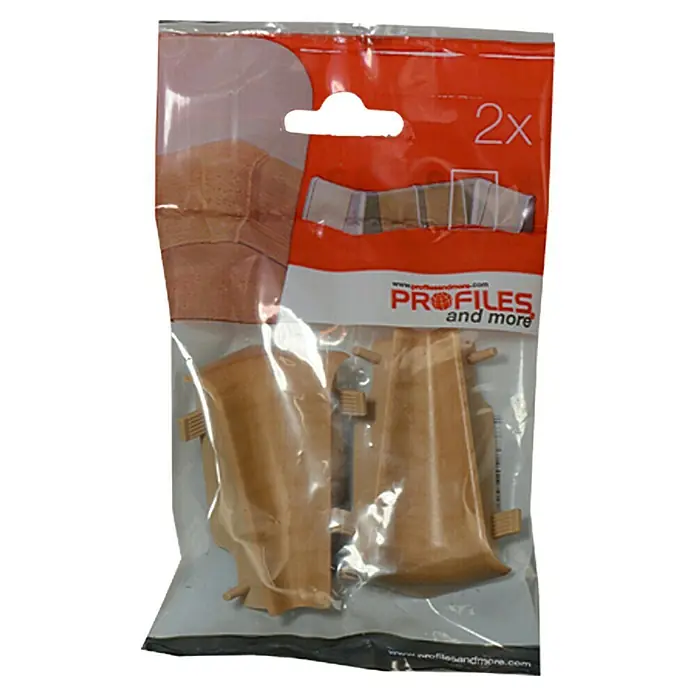 Profiles and more Innenecke FU60L - Birne golden, 2 Stk. - Eine Packung mit zwei "Profiles and more" Eckverbindern in einer durchsichtigen Plastikverpackung mit rotem Hintergrund.
