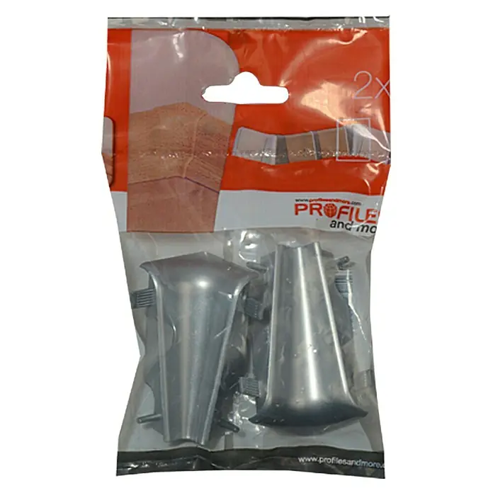 Profiles and more Innenecke FU60L - Silber, 2 Stk. - Bild von "Profile and More" Eckverbinder, 2 Stück, in einer transparenten Verpackung. Die silbernen Verbinder sind gut sichtbar.