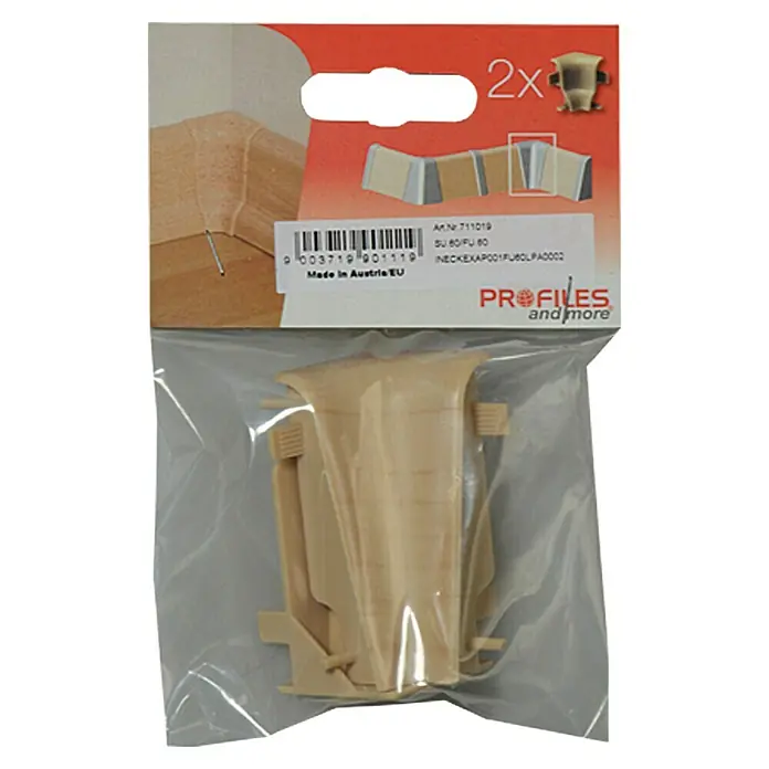 Profiles and more Innenecke FU60L - Apfel, 2 Stk. - Ein Paar beiger Profile und Zubehörteile in einer transparenten Verpackung, die die Details und die Marke zeigt.