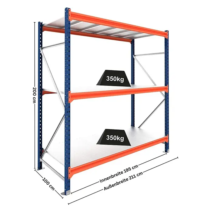 Proregal Schwerlastregal Grundregal DOMINUS mit Stahlplatten - H x B x T: 200 x 195 x 100 cm, Traglast pro Boden: 350 kg, Anzahl Böden: 3 Stk., Stecken, Blau/Orange - Robustes blau-oranges Schwerlastregal mit 2 Böden, je 350kg Tragkraft, Maße abgebildet.